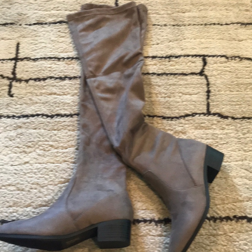 Thigh-high,  taupe/stone, suede boots.